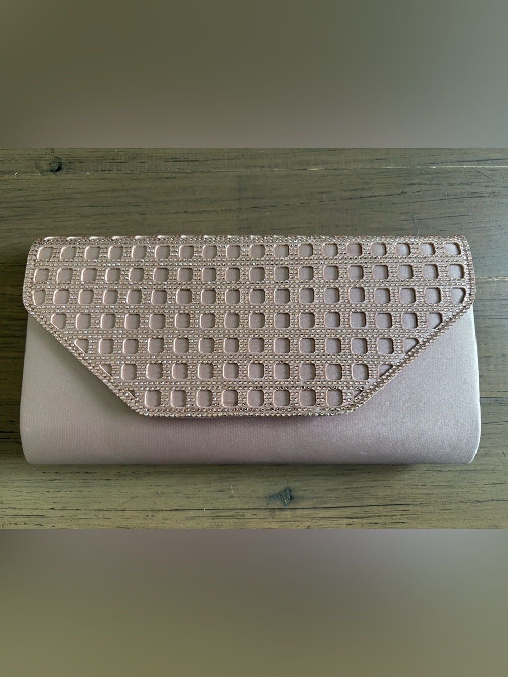 Women's Rose Gold Rhinestone Envelope Clutch with gold crossbody chain